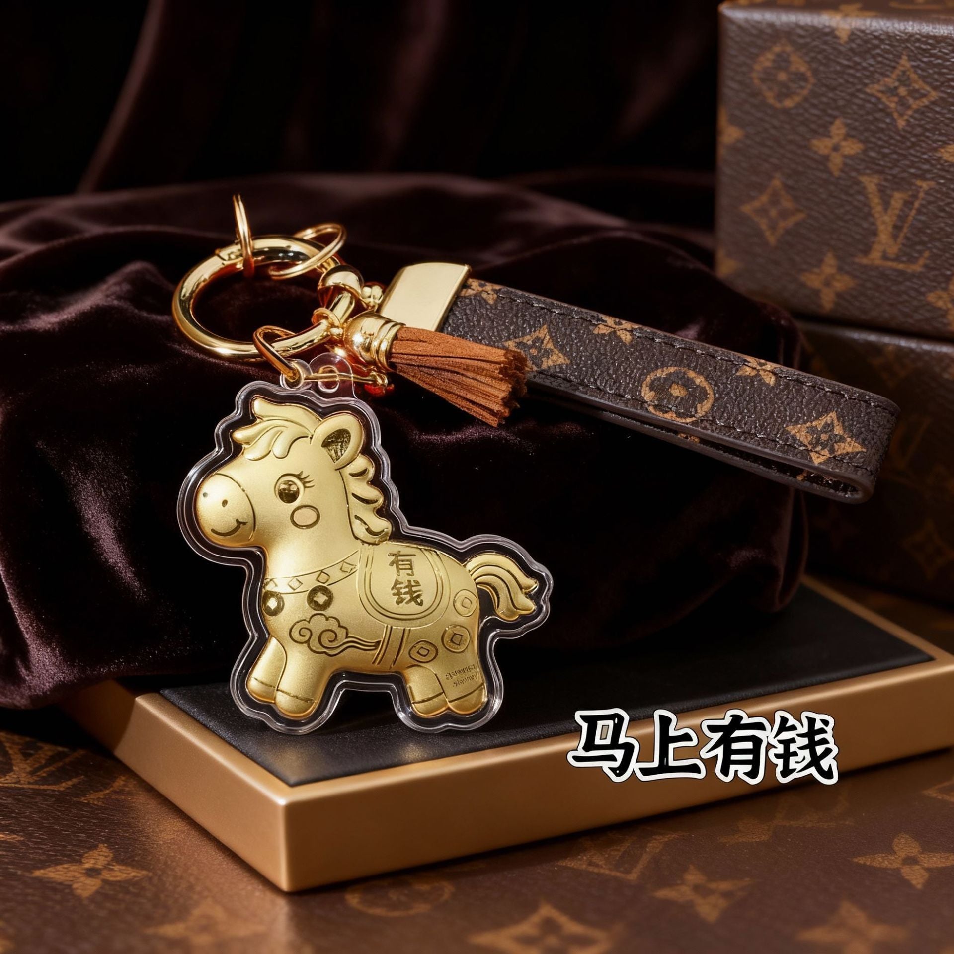 Gold Foil Lucky Horse Keychain Wealth Prosperity Cute Pony