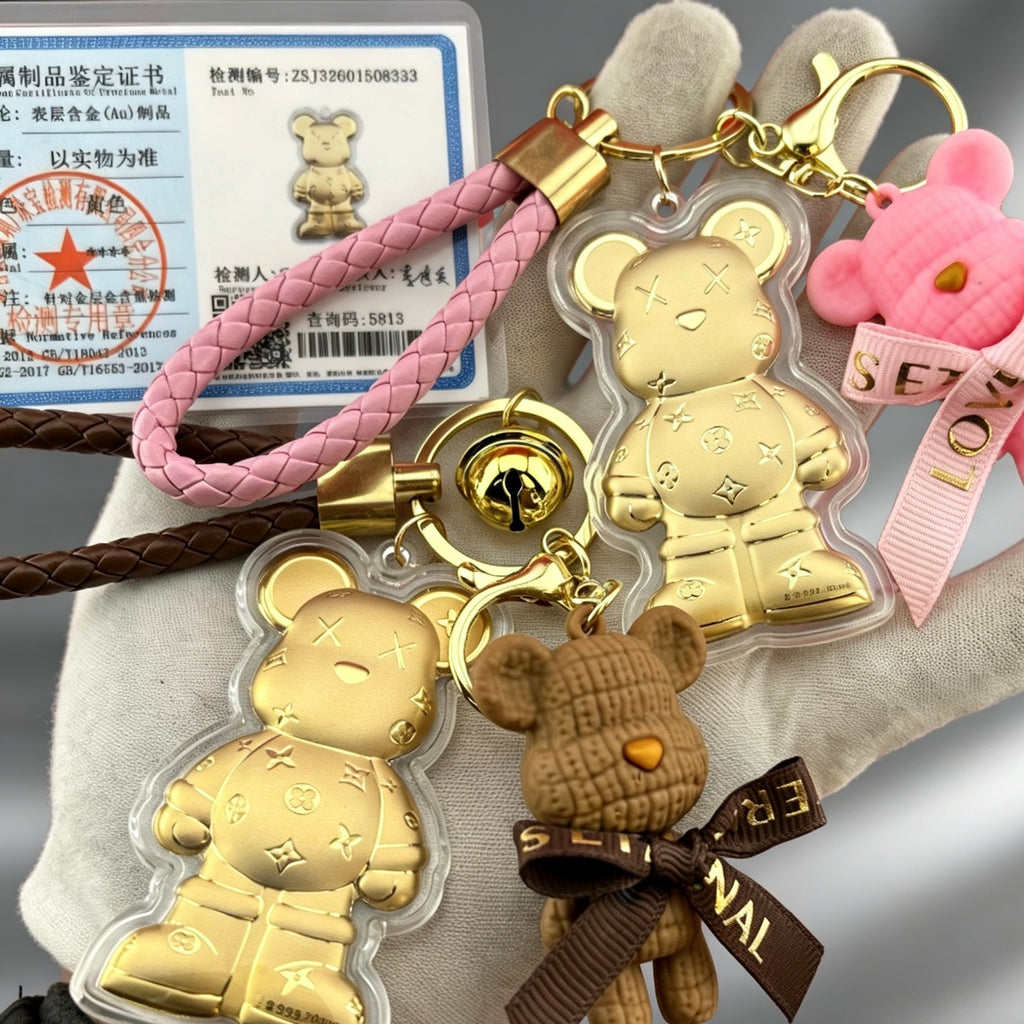 Gold Foil Kawaii Bear Charm Cute Keychain with Gift Box