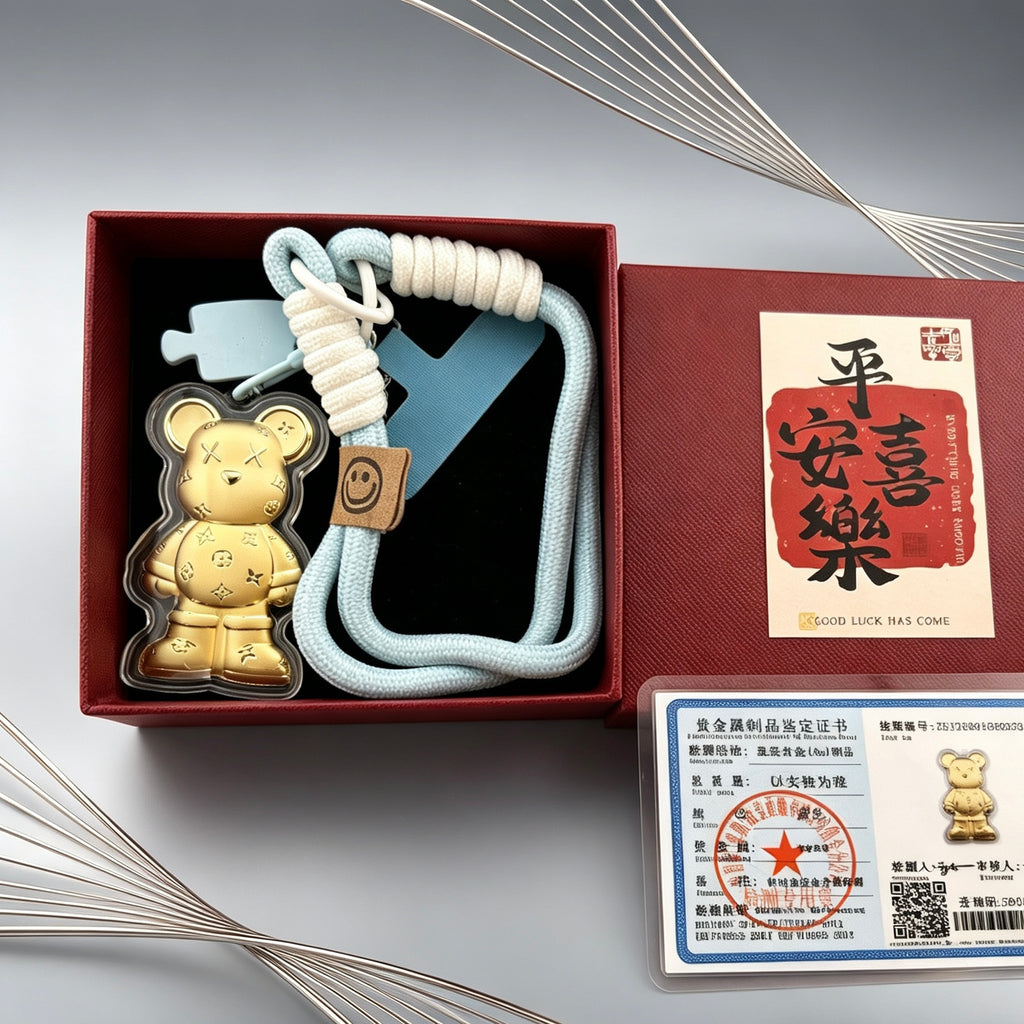 Gold Foil Kawaii Bear Charm Cute Keychain with Gift Box