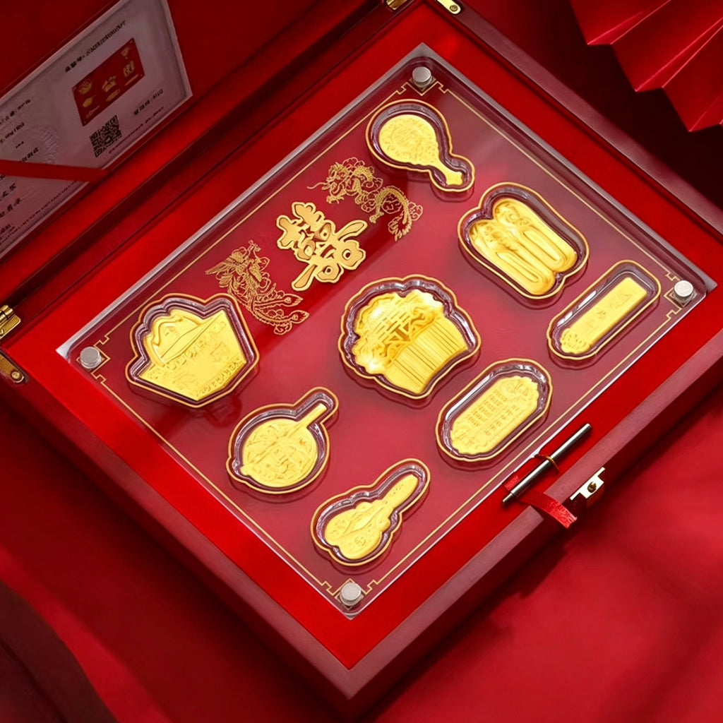 Luxury Classical Gold Medal Eight Treasures Design Collectible Gift Plaque with Wooden Box