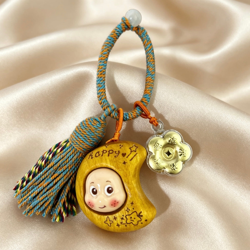 Pure Gold Rotating Flower Keychain – Artistic Wooden Lucky Charm