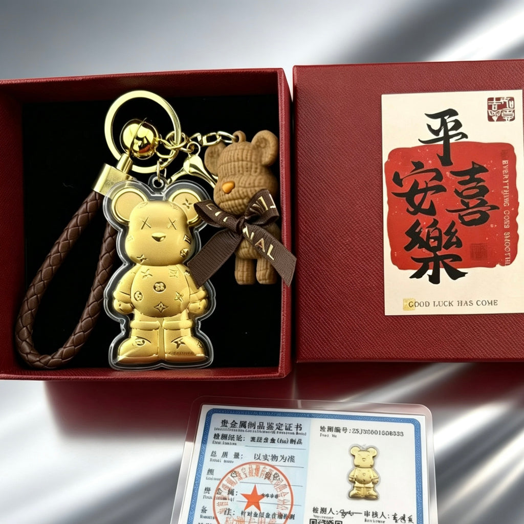 Gold Foil Kawaii Bear Charm Cute Keychain with Gift Box