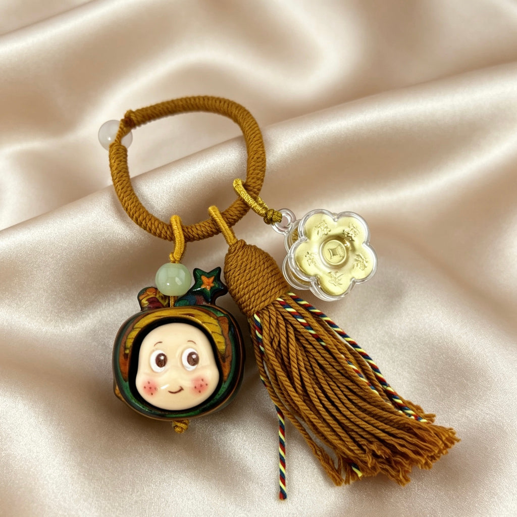 Pure Gold Rotating Flower Keychain – Artistic Wooden Lucky Charm