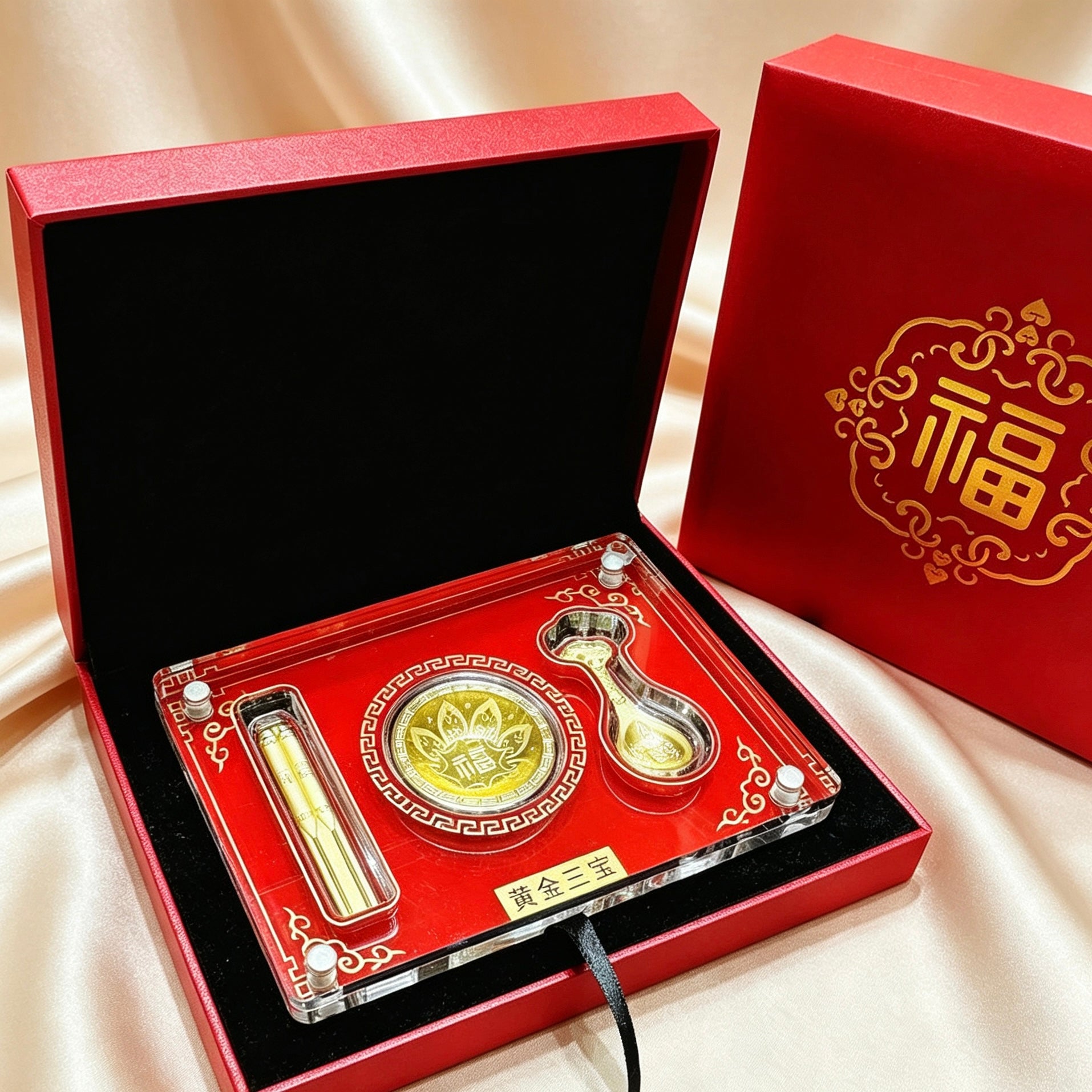 Luxury Medal Ornament Chinese Style Gold Foil Three Treasures Gift Set