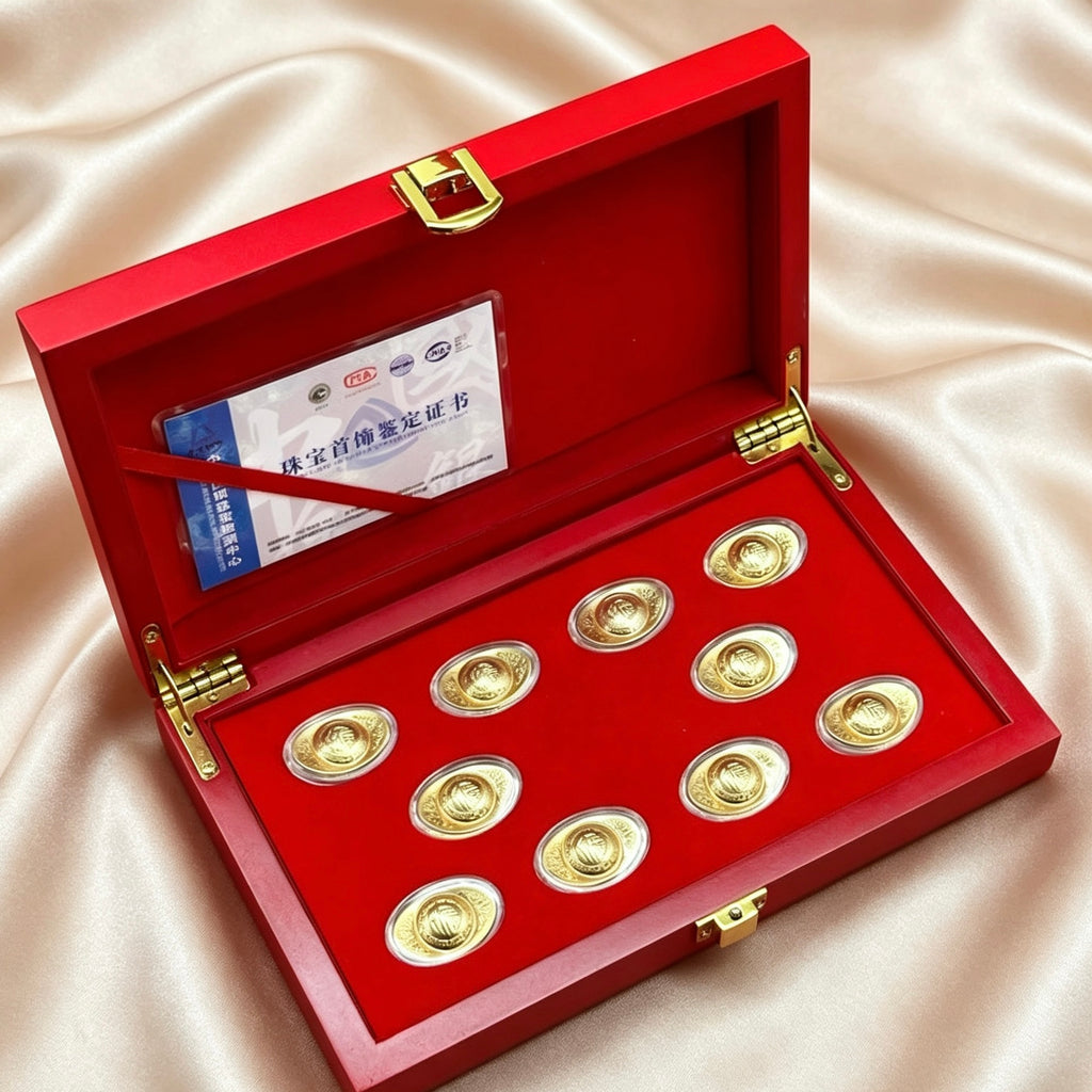 Chinese Gold Ingot Set Ten Perfect Ingots Wealth Lucky Decoration Wooden Box