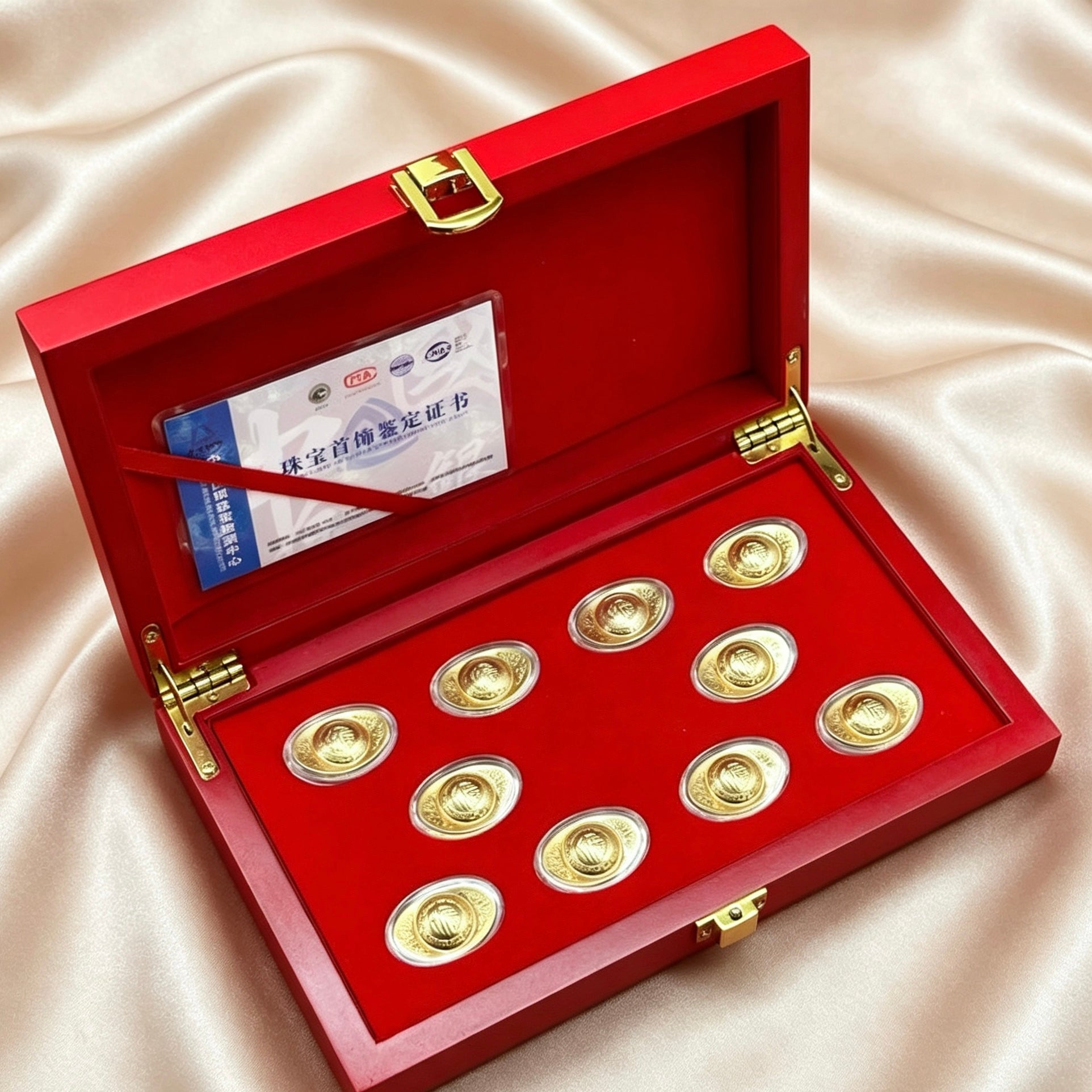 Chinese Gold Ingot Set Ten Perfect Ingots Wealth Lucky Decoration Wooden Box