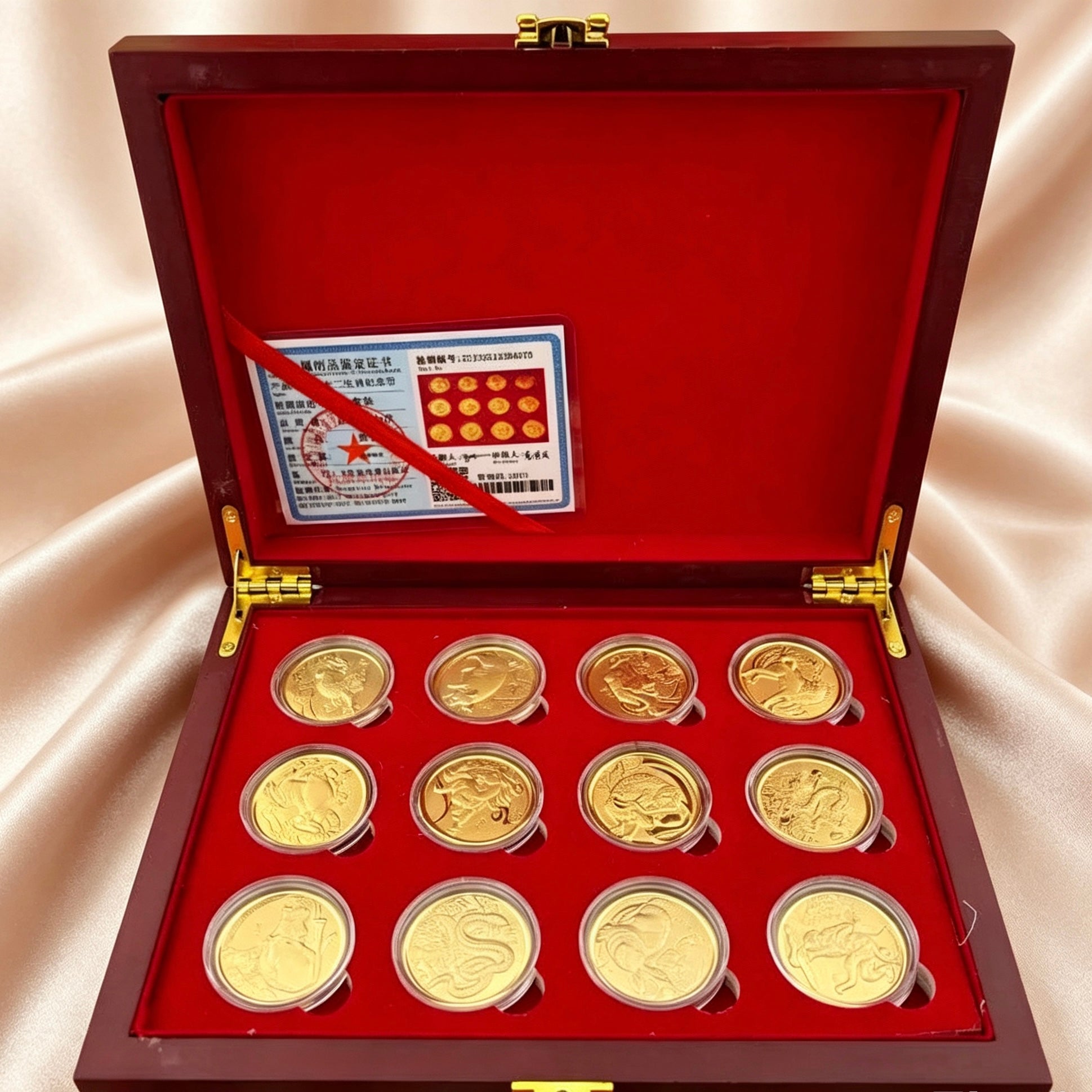 Gold Foil Chinese Zodiac Coin Set Collectible Feng Shui Gift with Wooden Box