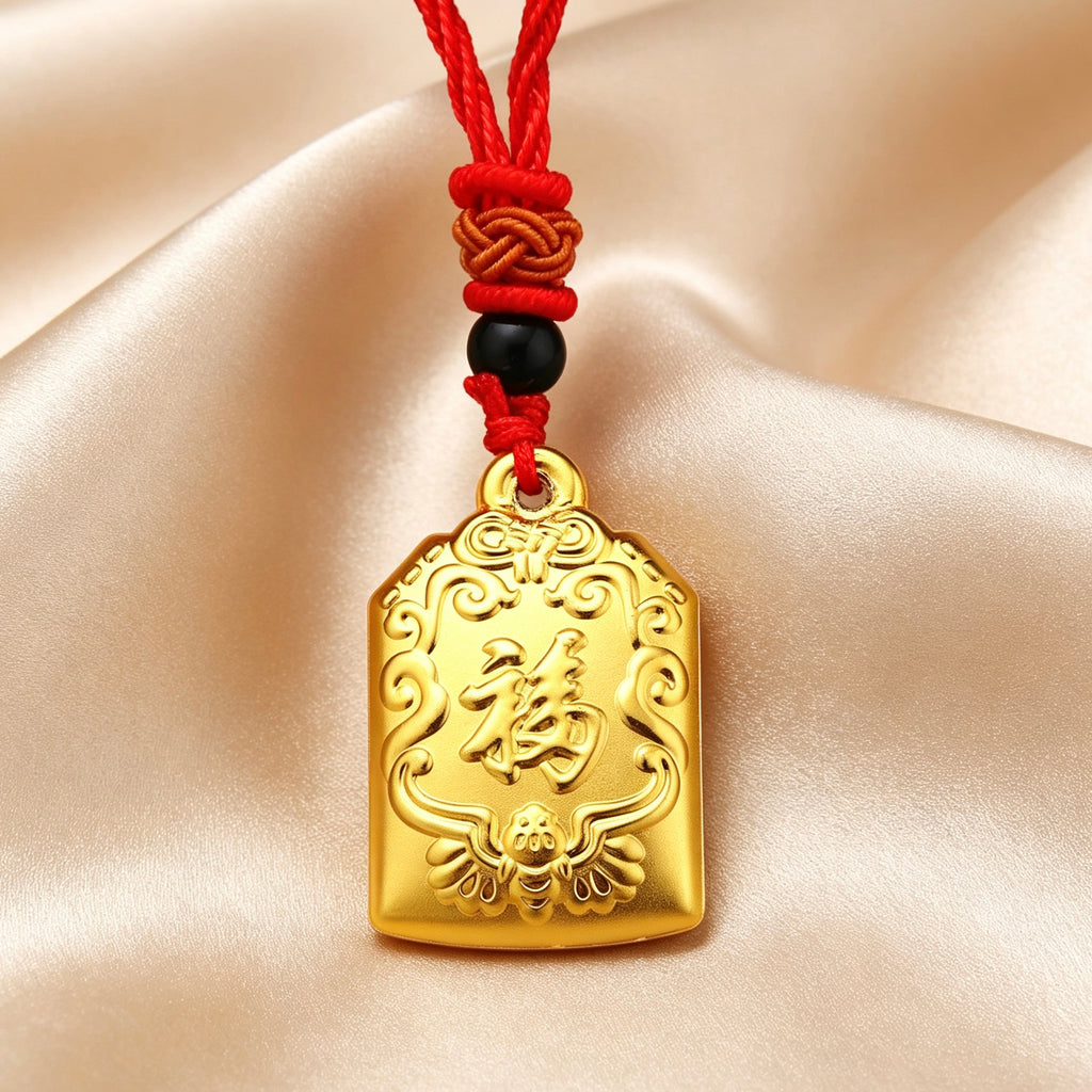 Chinese Gold Fu Amulet Pendant Lucky Wealth Peace Lock Blessing Necklace