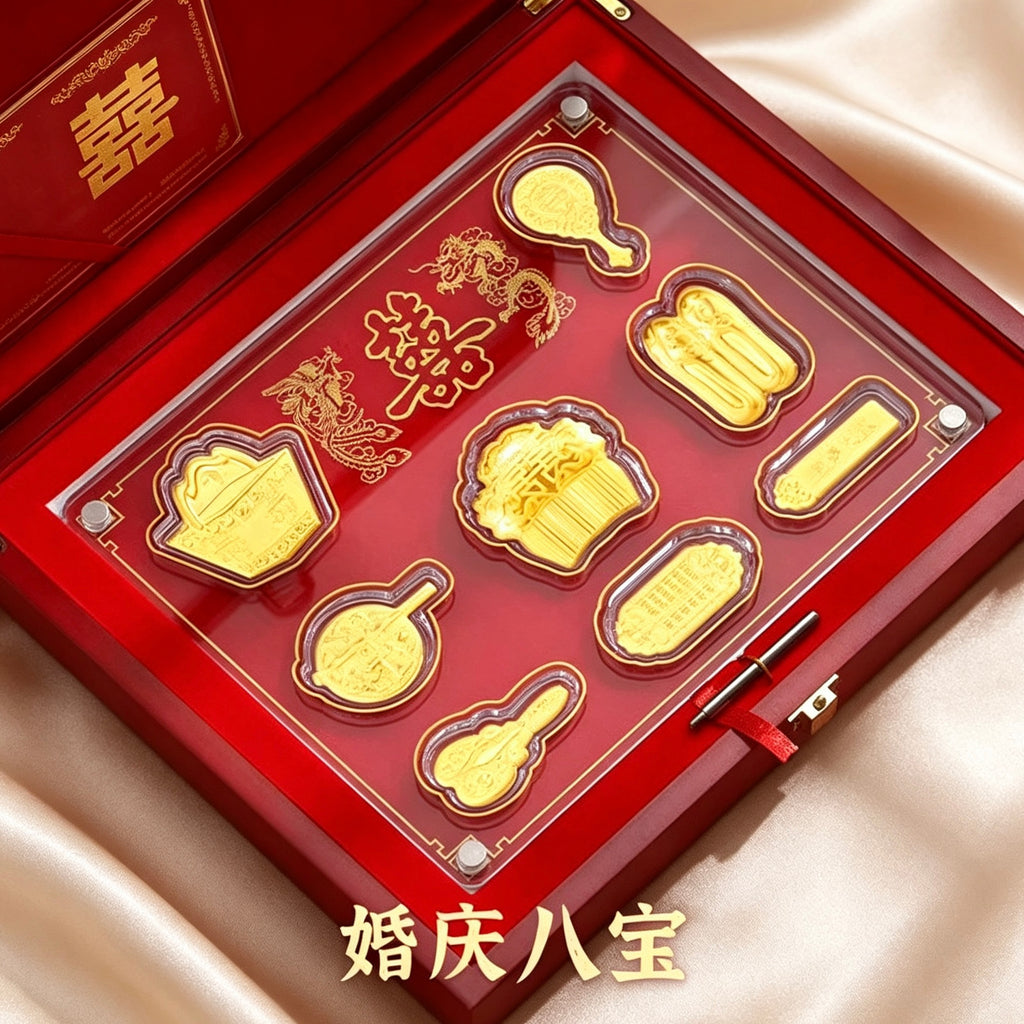 Luxury Classical Gold Medal Eight Treasures Design Collectible Gift Plaque with Wooden Box