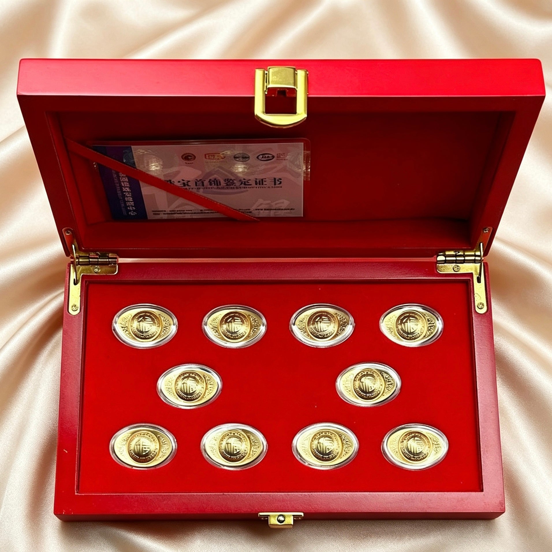 Chinese Gold Ingot Set Ten Perfect Ingots Wealth Lucky Decoration Wooden Box