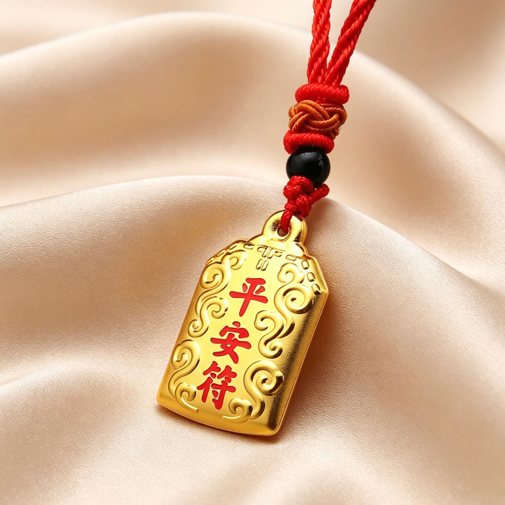 Chinese Gold Fu Amulet Pendant Lucky Wealth Peace Lock Blessing Necklace