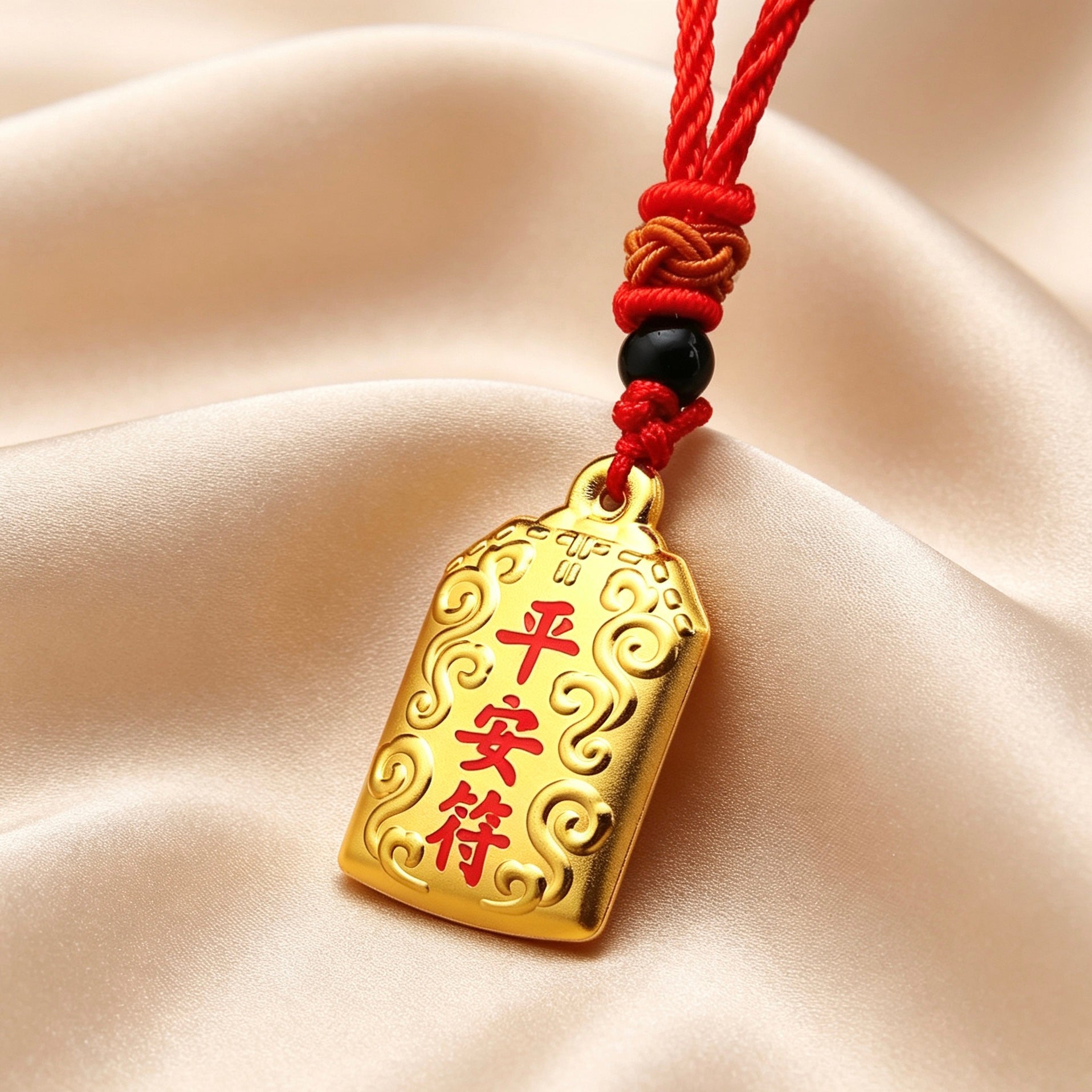 Chinese Gold Fu Amulet Pendant Lucky Wealth Peace Lock Blessing Necklace