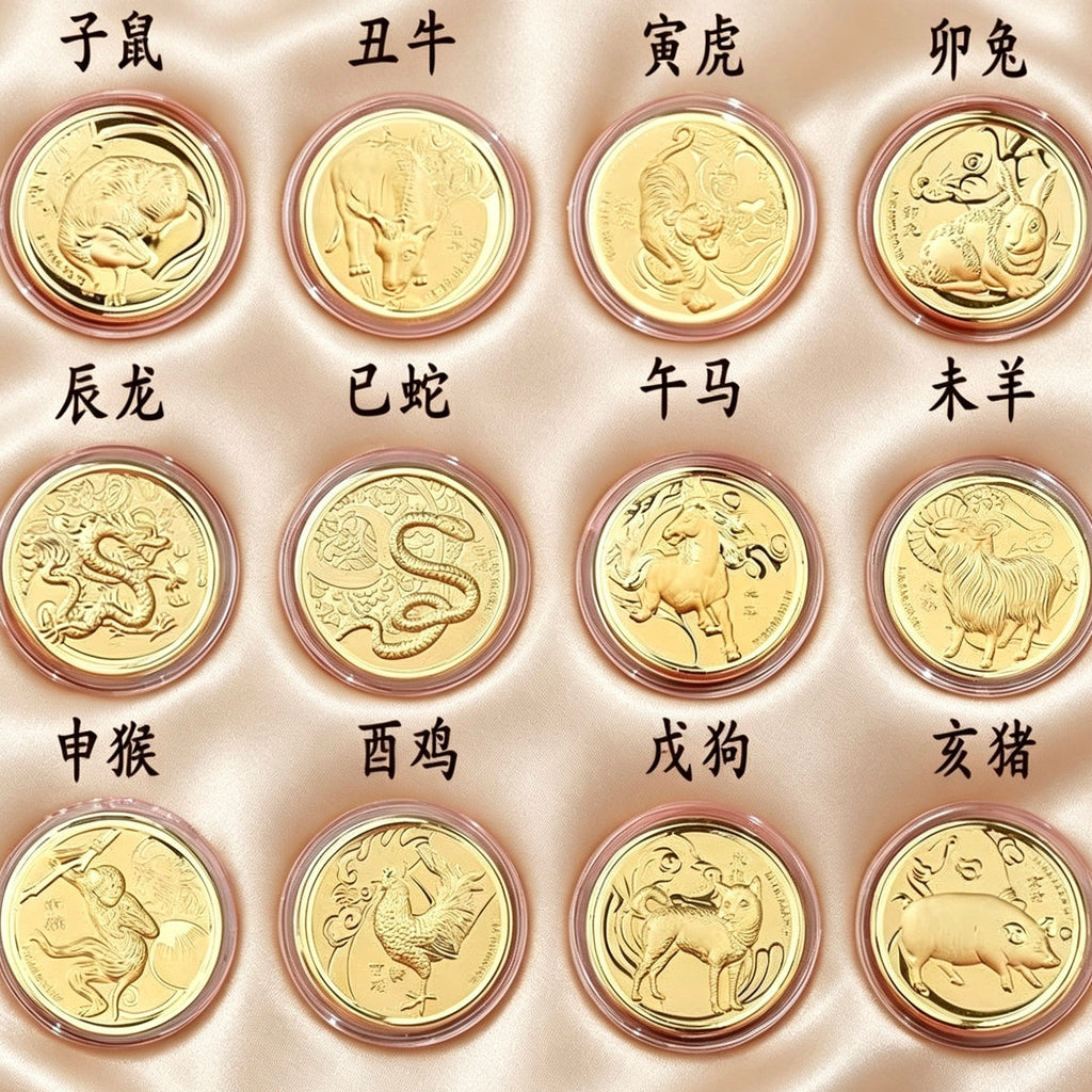 Gold Foil Chinese Zodiac Coin Set Collectible Feng Shui Gift with Wooden Box