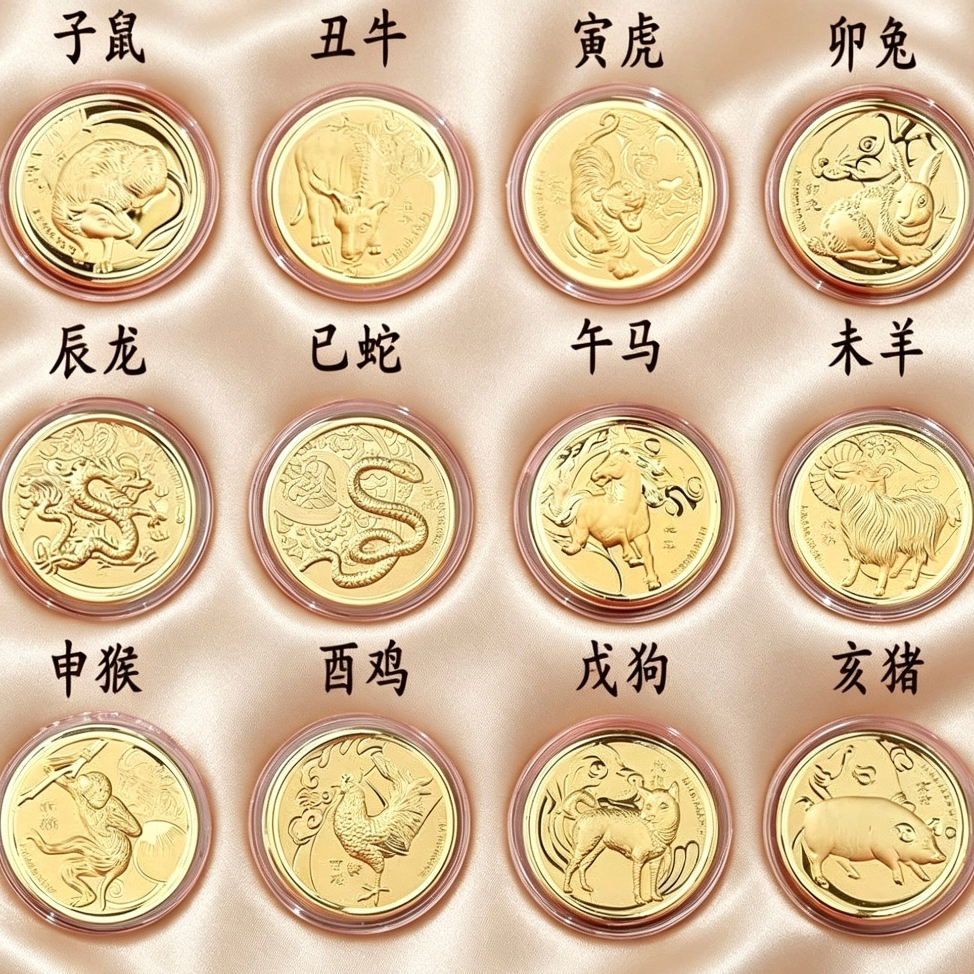 Gold Foil Chinese Zodiac Coin Set Collectible Feng Shui Gift with Wooden Box
