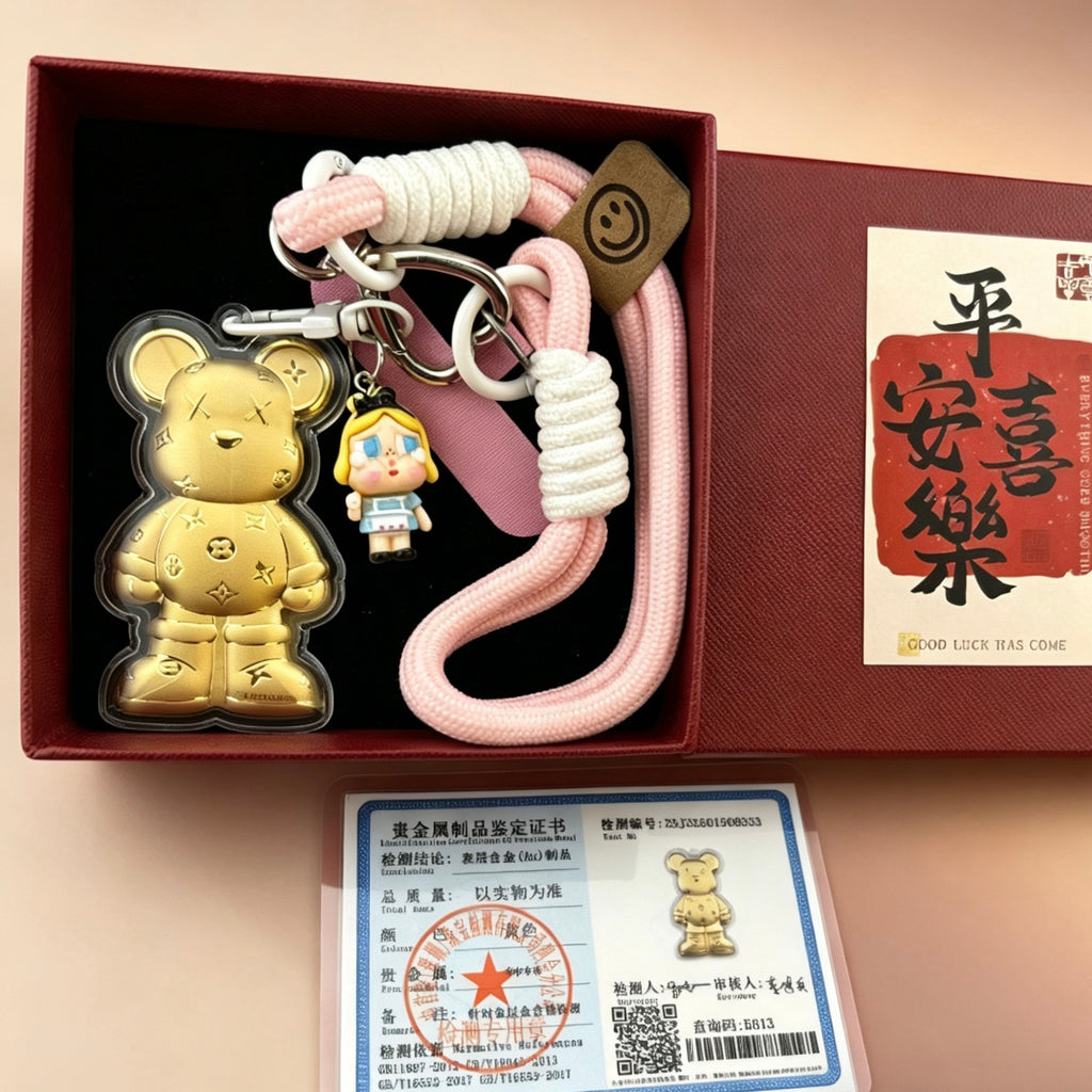 Gold Foil Kawaii Bear Charm Cute Keychain with Gift Box