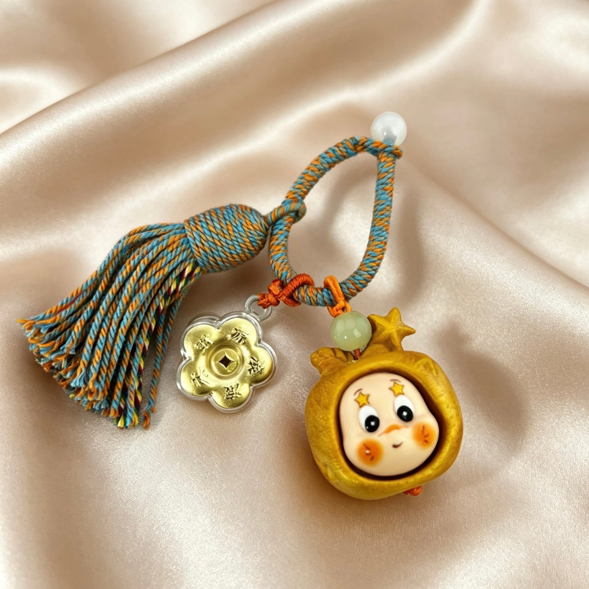 Pure Gold Rotating Flower Keychain – Artistic Wooden Lucky Charm